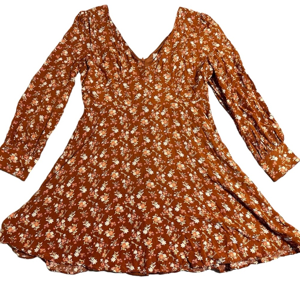 Altar’d State Orange Ditsy Floral Long Sleeve Cottagecore Mini Dress, Large